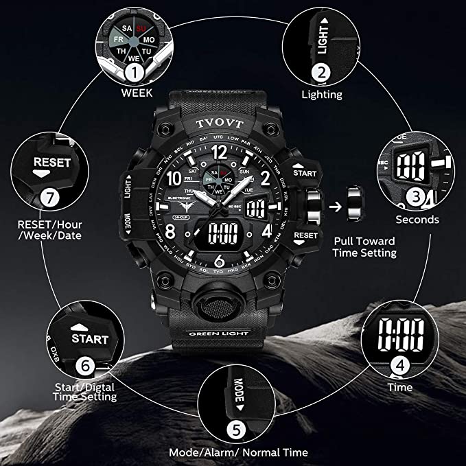 Men's TVOVT Waterproof Double Dial Led Sport Watch