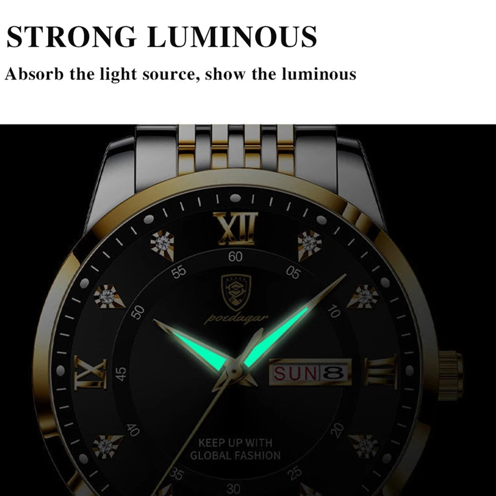 POEDAGAR Mens Fashion Full Steel Quartz Watch